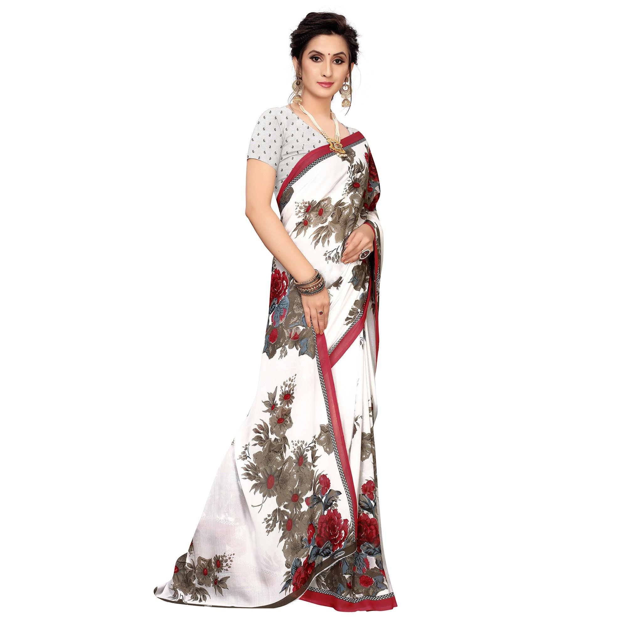 White Printed Georgette Saree - Peachmode