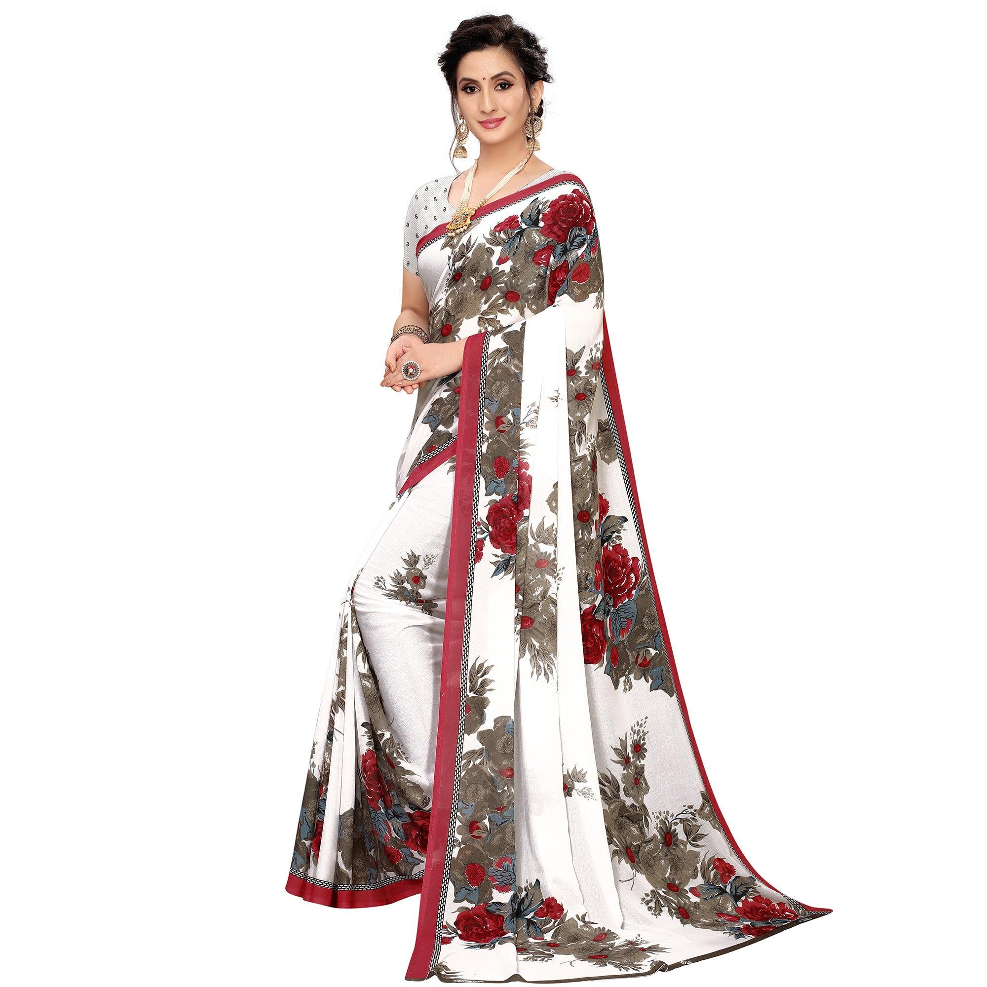 White Printed Georgette Saree - Peachmode