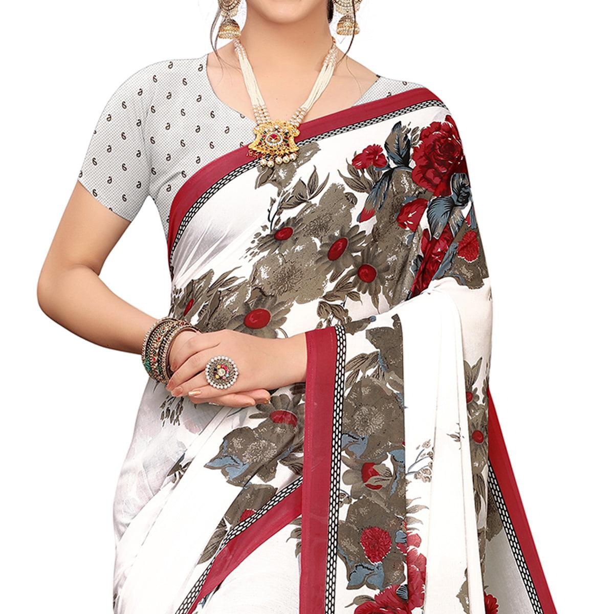 White Printed Georgette Saree - Peachmode