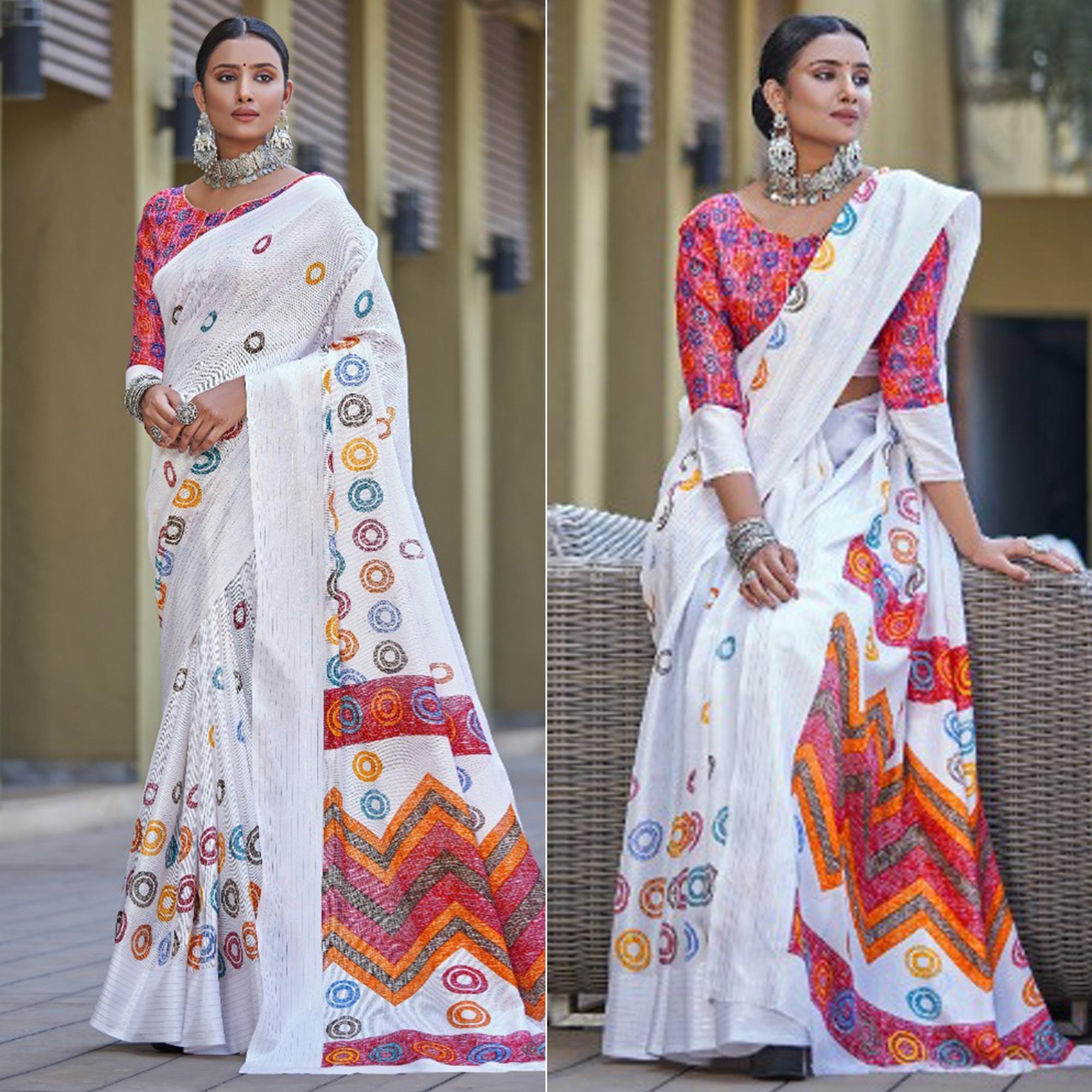 White Printed Jute Saree - Peachmode