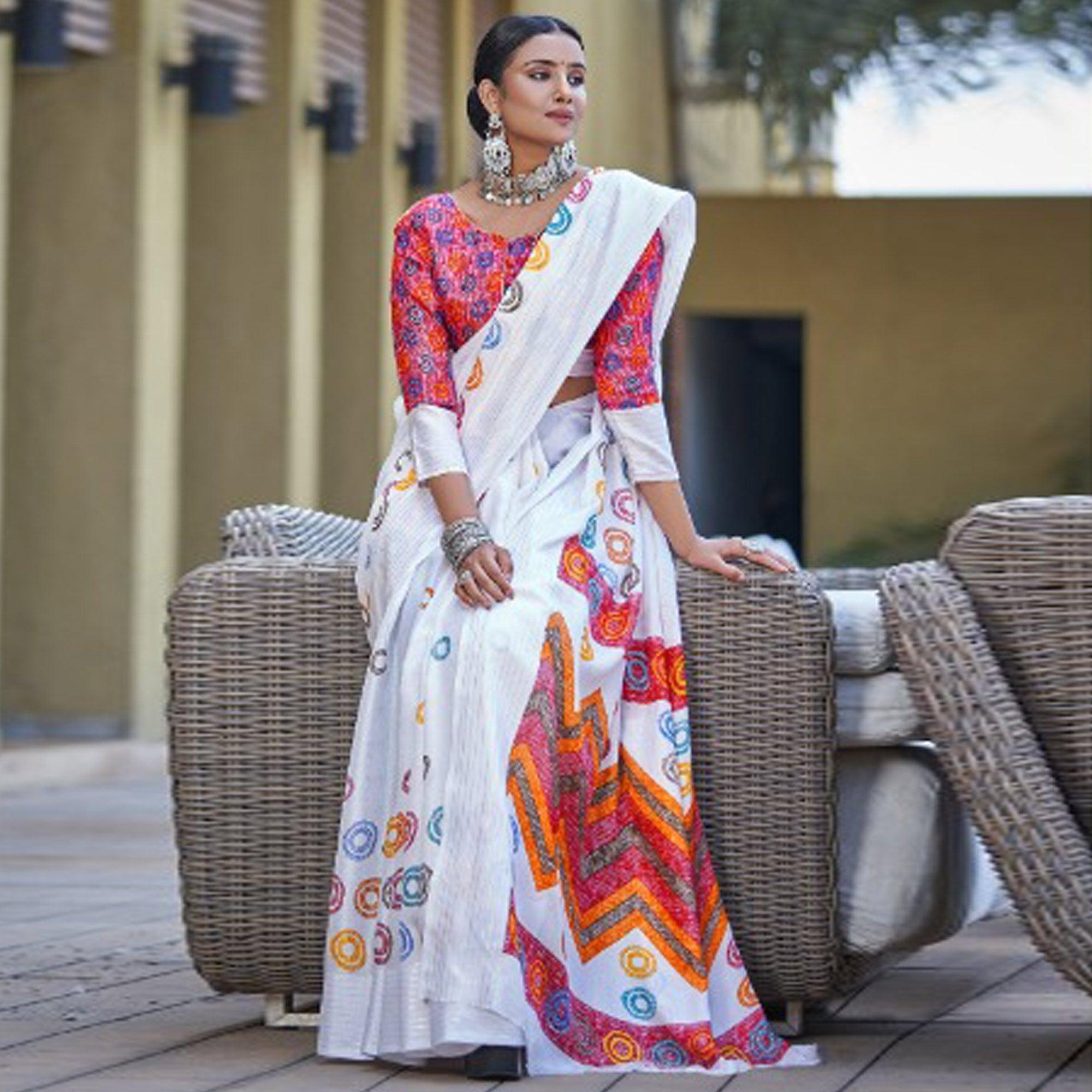 White Printed Jute Saree - Peachmode