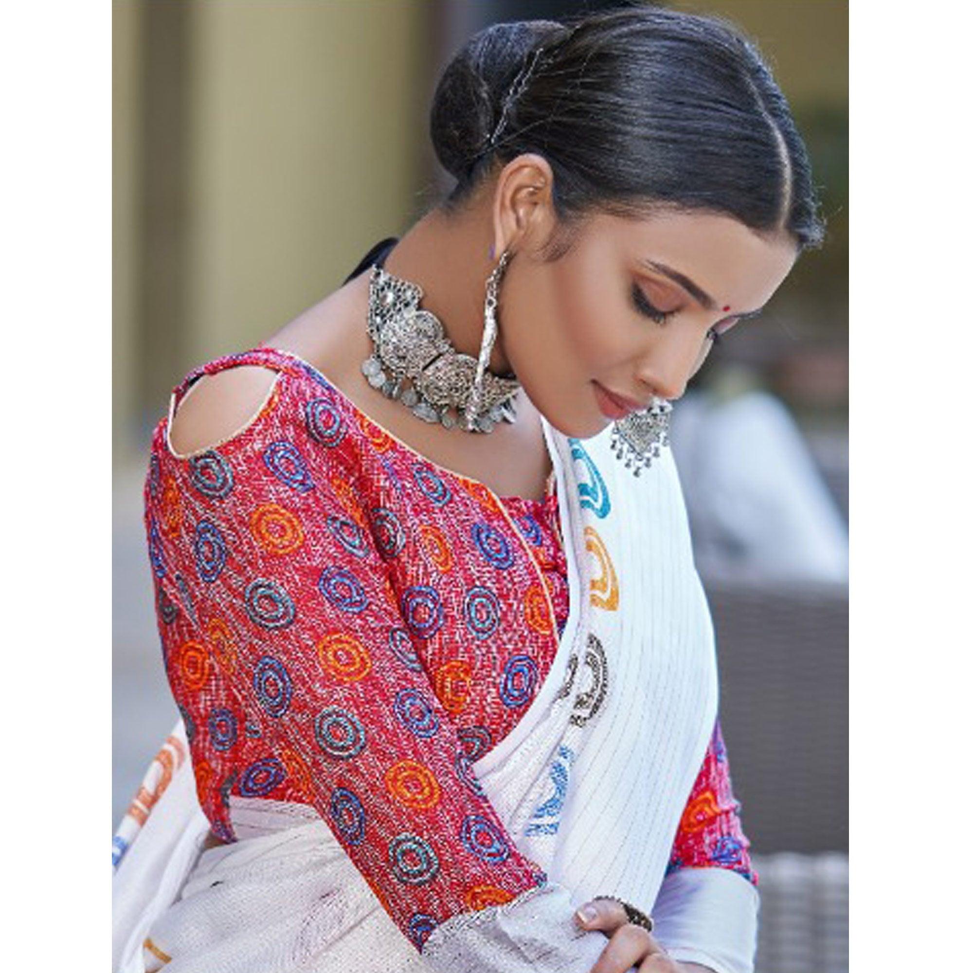 White Printed Jute Saree - Peachmode