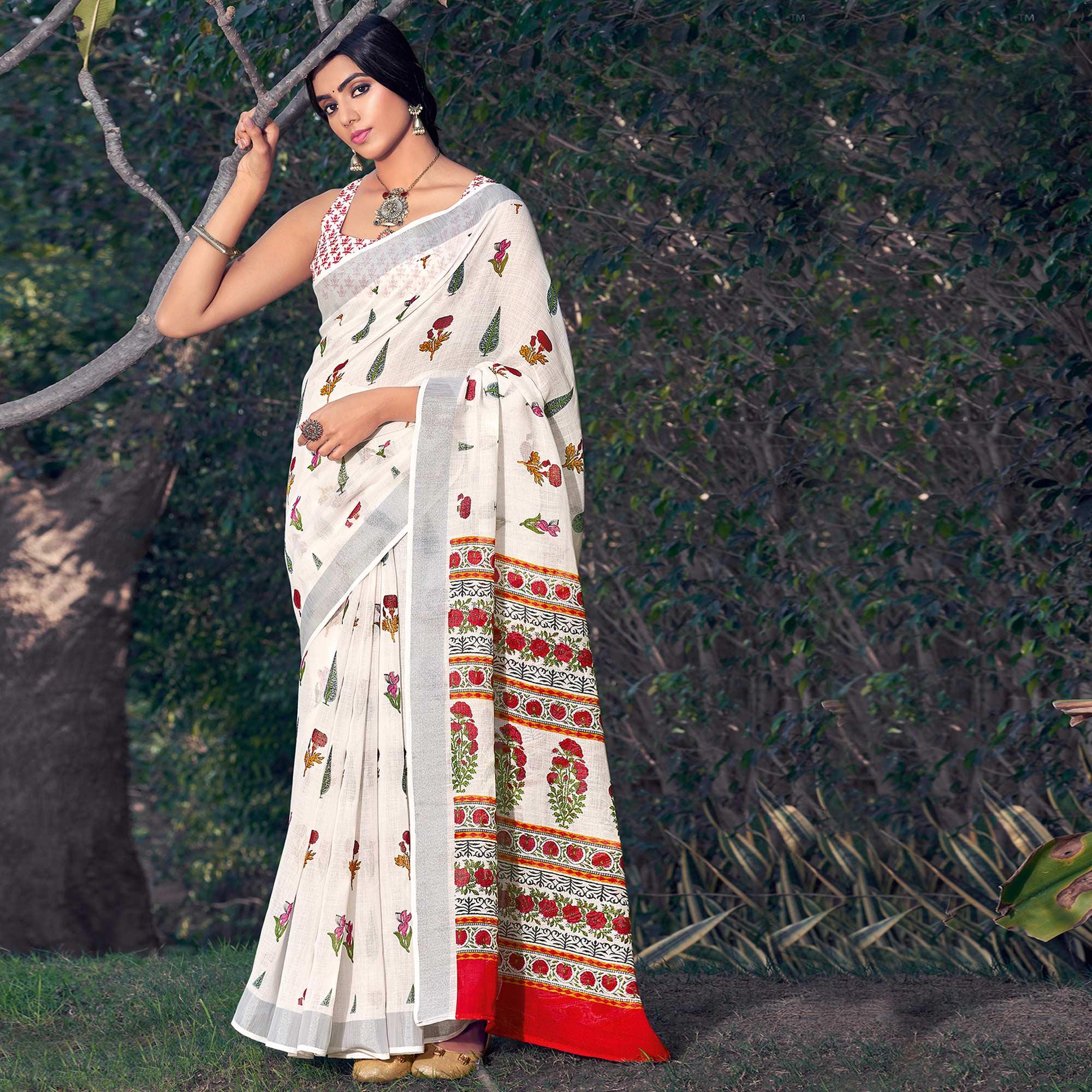 White Printed Linen Saree - Peachmode