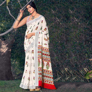 White Printed Linen Saree - Peachmode