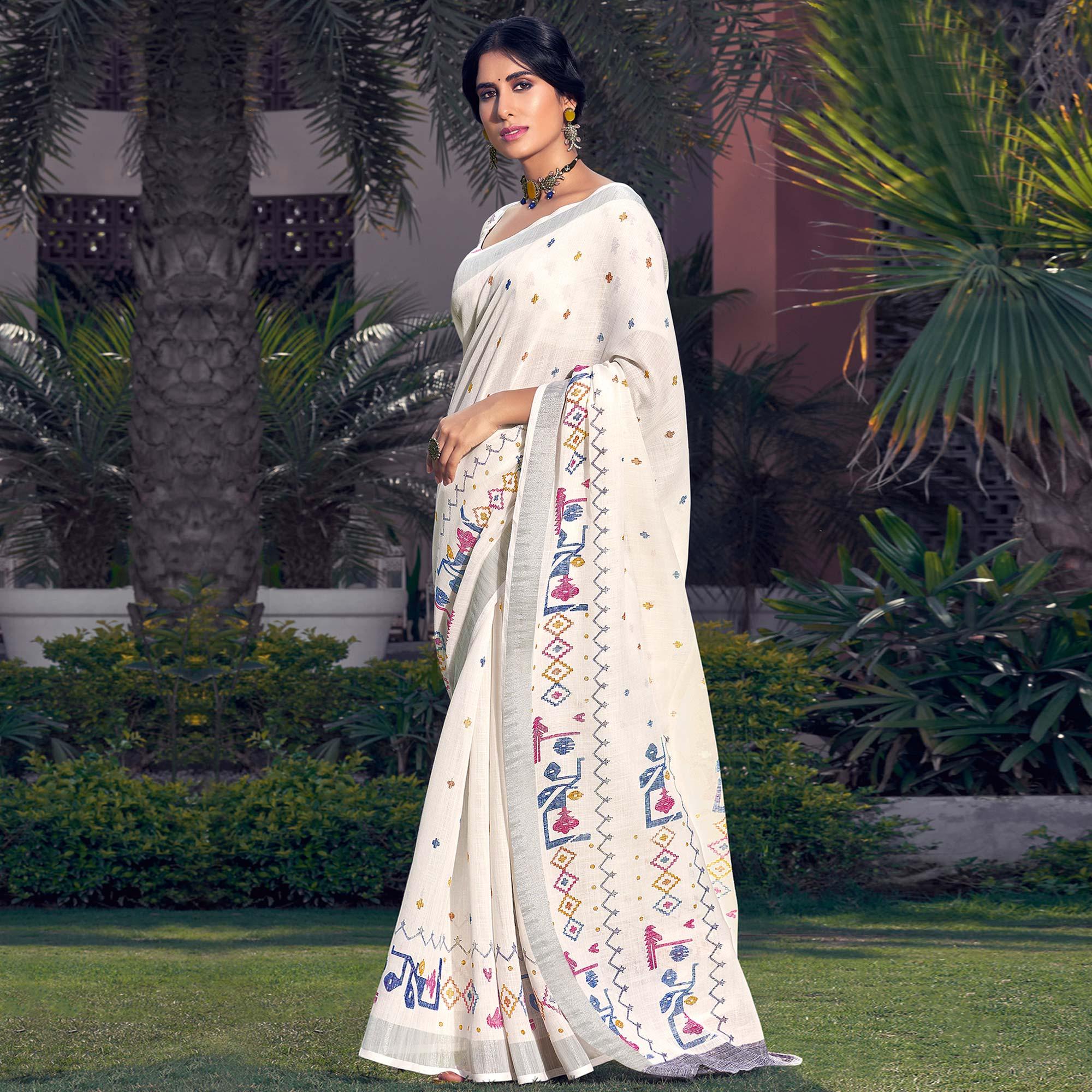 White Printed Linen Saree - Peachmode