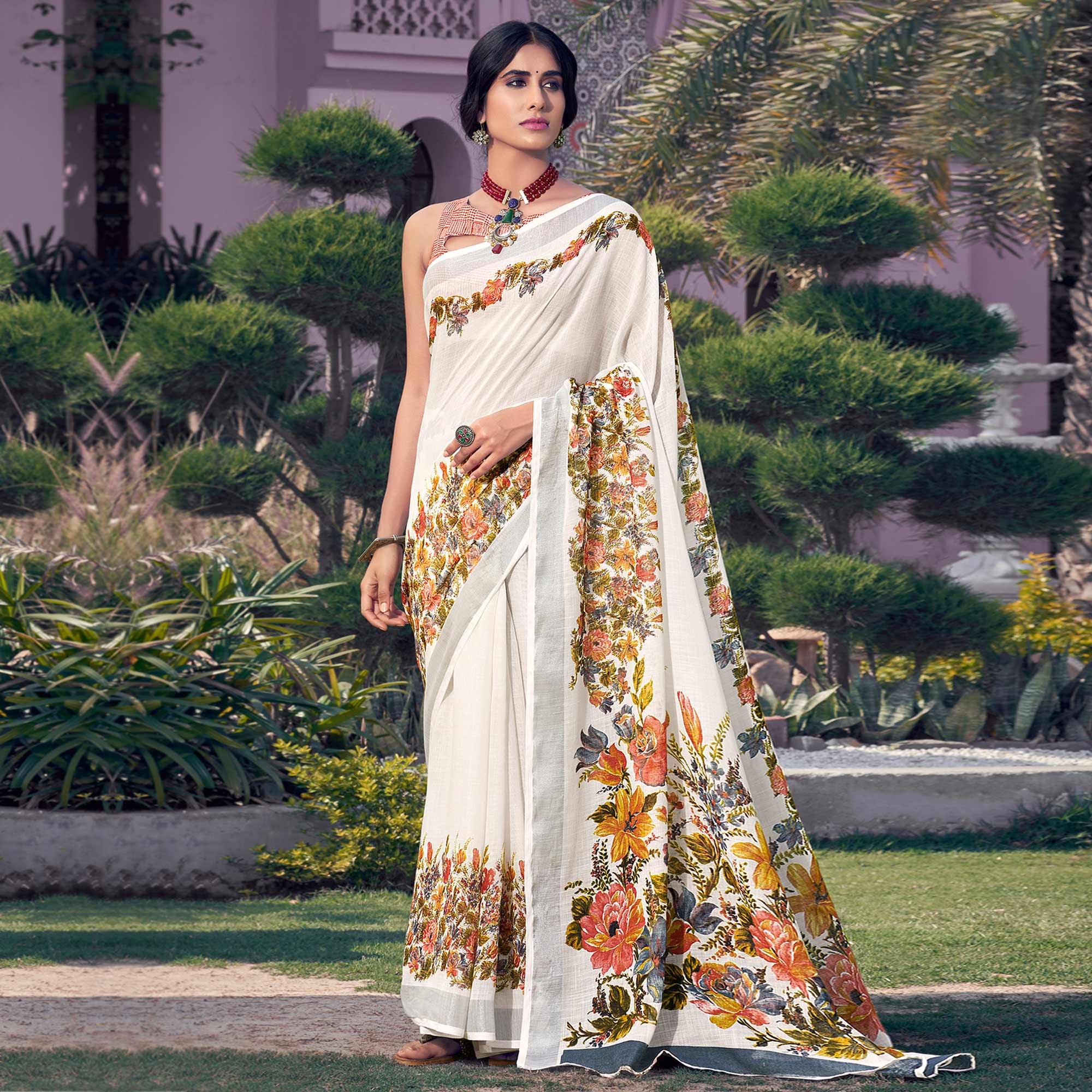White Printed Linen Saree - Peachmode