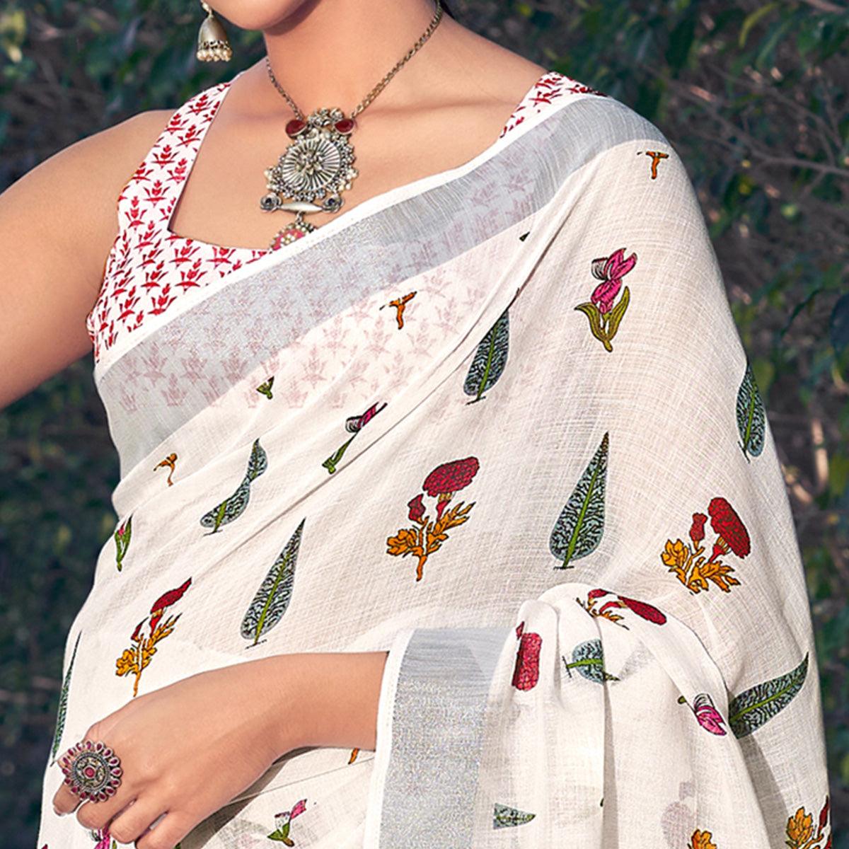 White Printed Linen Saree - Peachmode