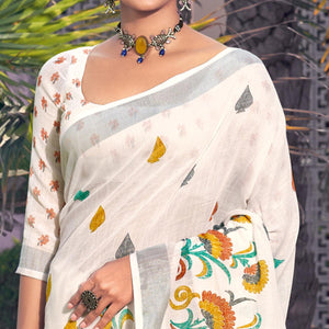 White Printed Linen Saree - Peachmode