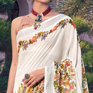 White Printed Linen Saree - Peachmode