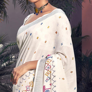 White Printed Linen Saree - Peachmode