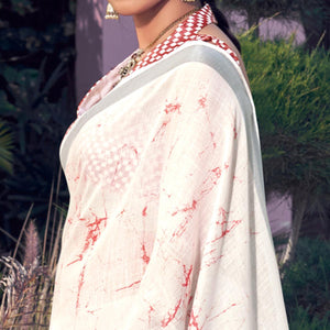 White Printed Linen Saree - Peachmode
