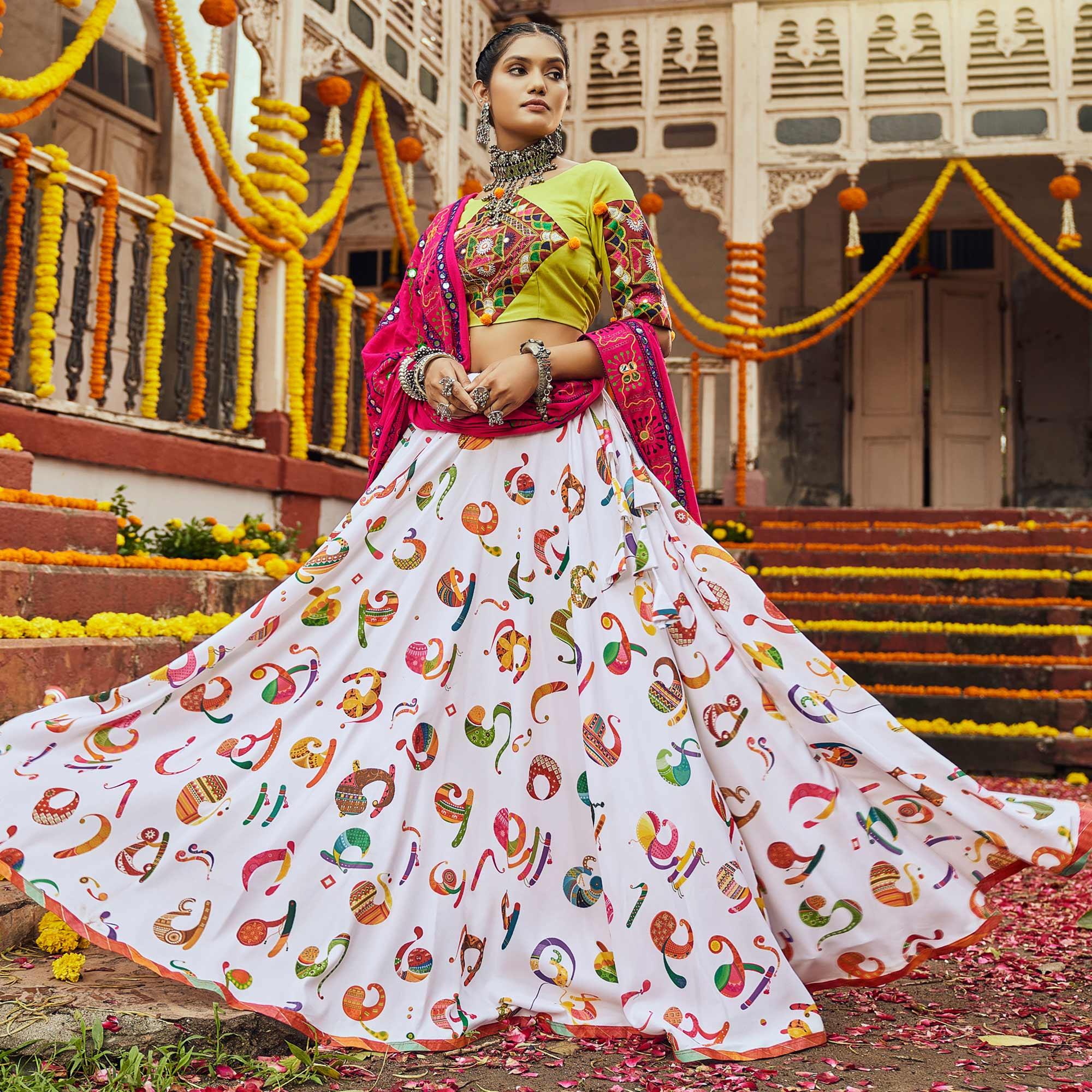 White Printed Muslin Lehenga Choli - Peachmode