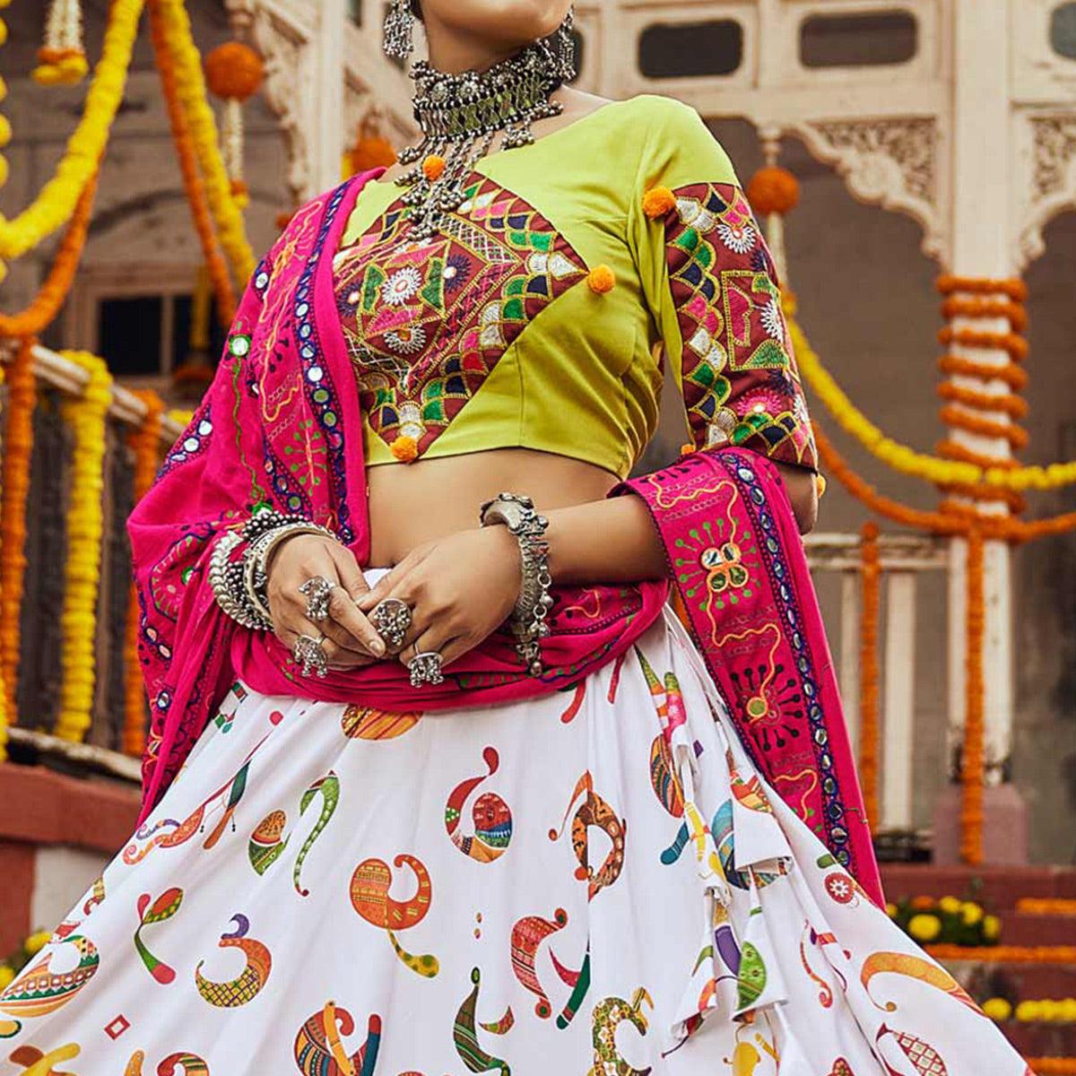 White Printed Muslin Lehenga Choli - Peachmode