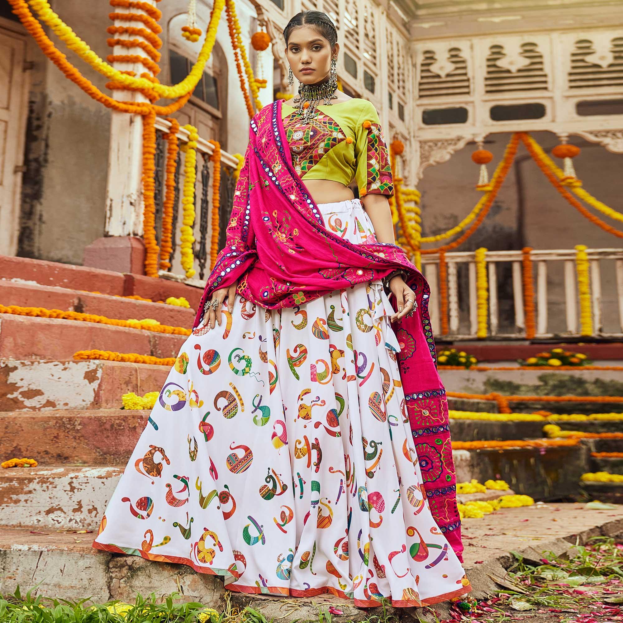 White Printed Muslin Lehenga Choli - Peachmode