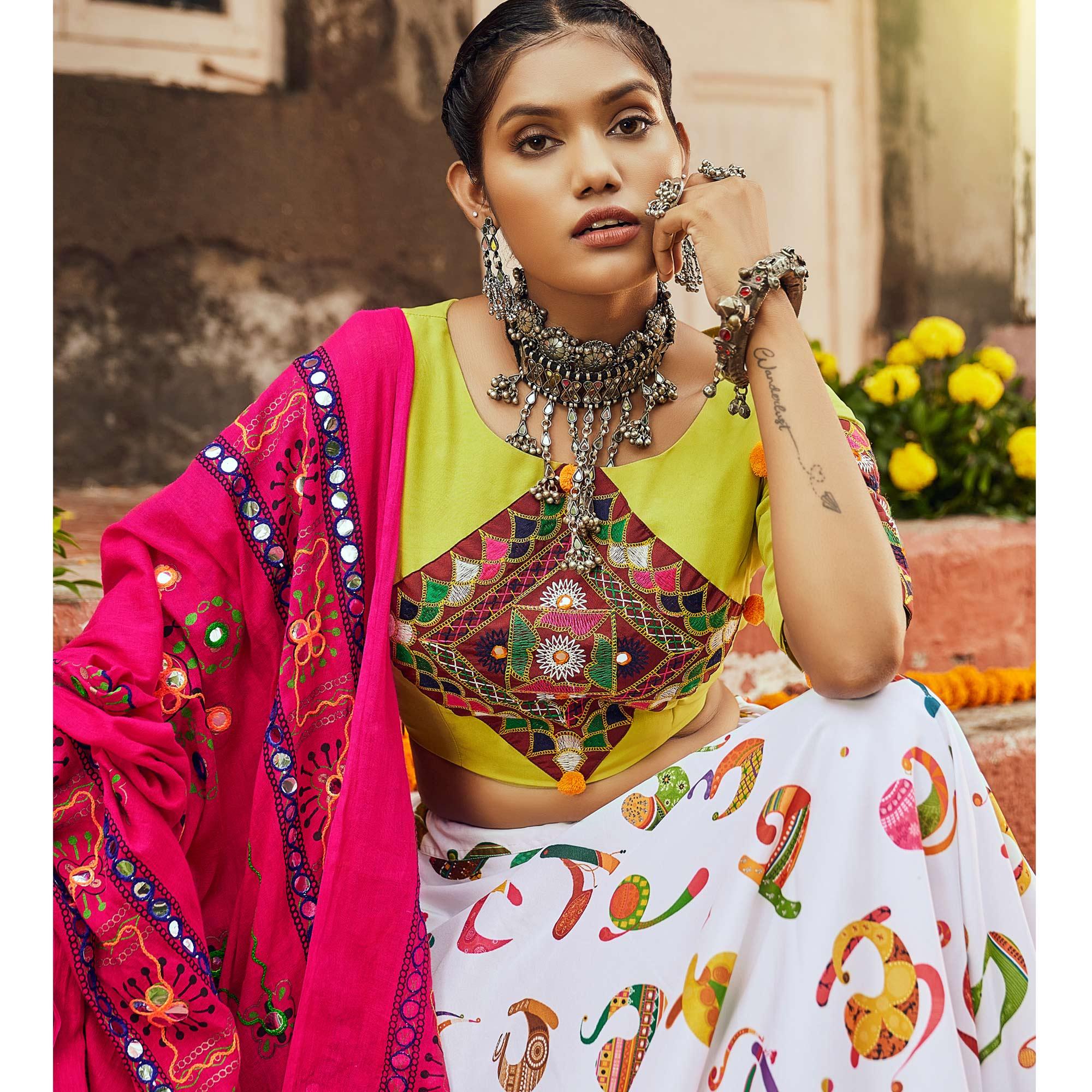 White Printed Muslin Lehenga Choli - Peachmode