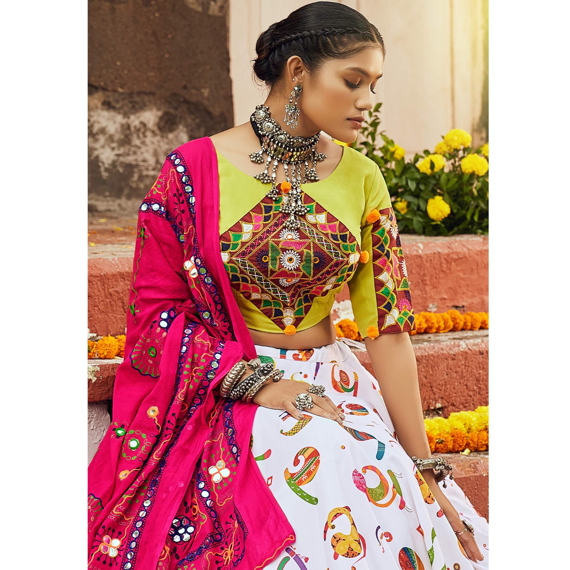 White Printed Muslin Lehenga Choli - Peachmode