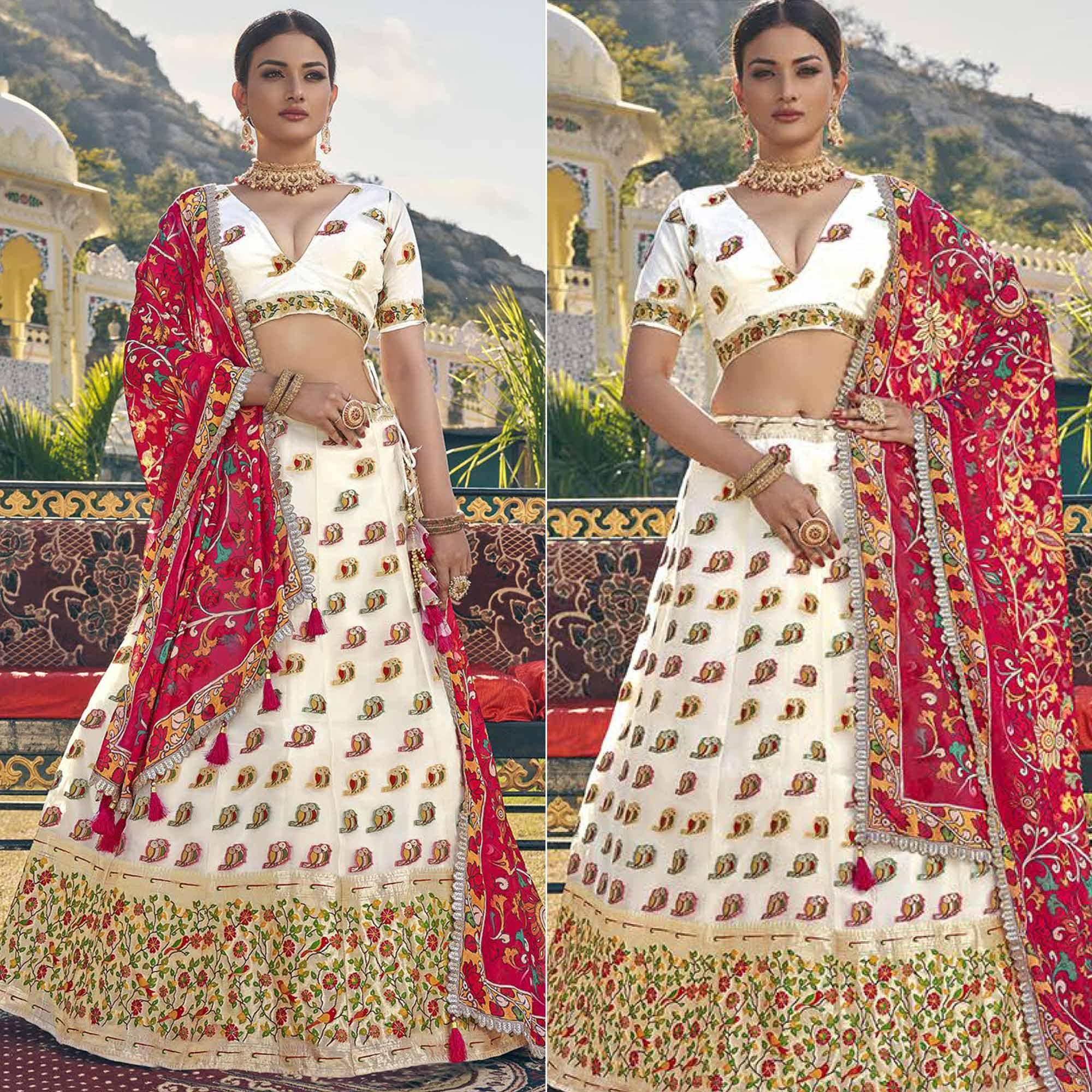 White Printed Organza Lehenga Choli - Peachmode