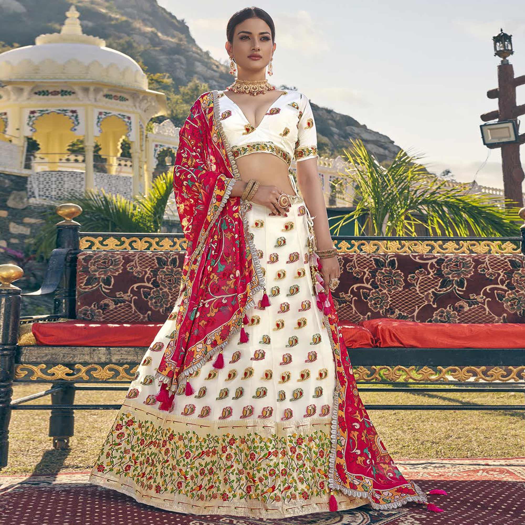 White Printed Organza Lehenga Choli - Peachmode