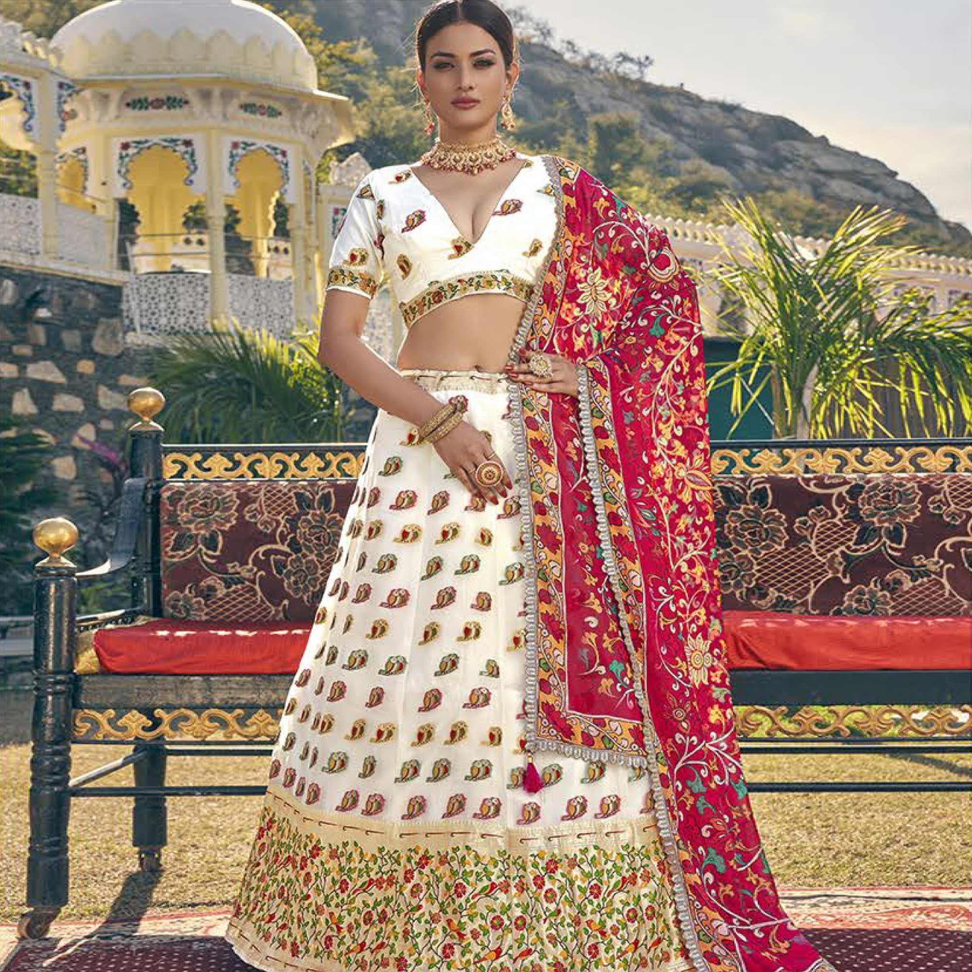 White Printed Organza Lehenga Choli - Peachmode