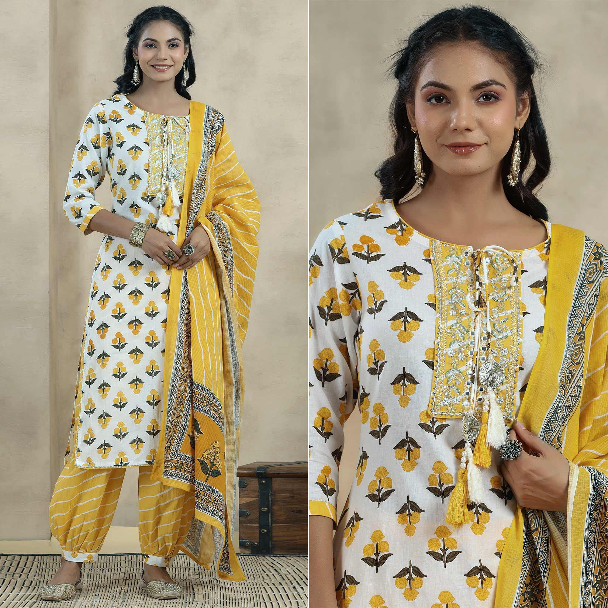 White Printed Pure Cotton Kurti Pant Set With Dupatta - Peachmode