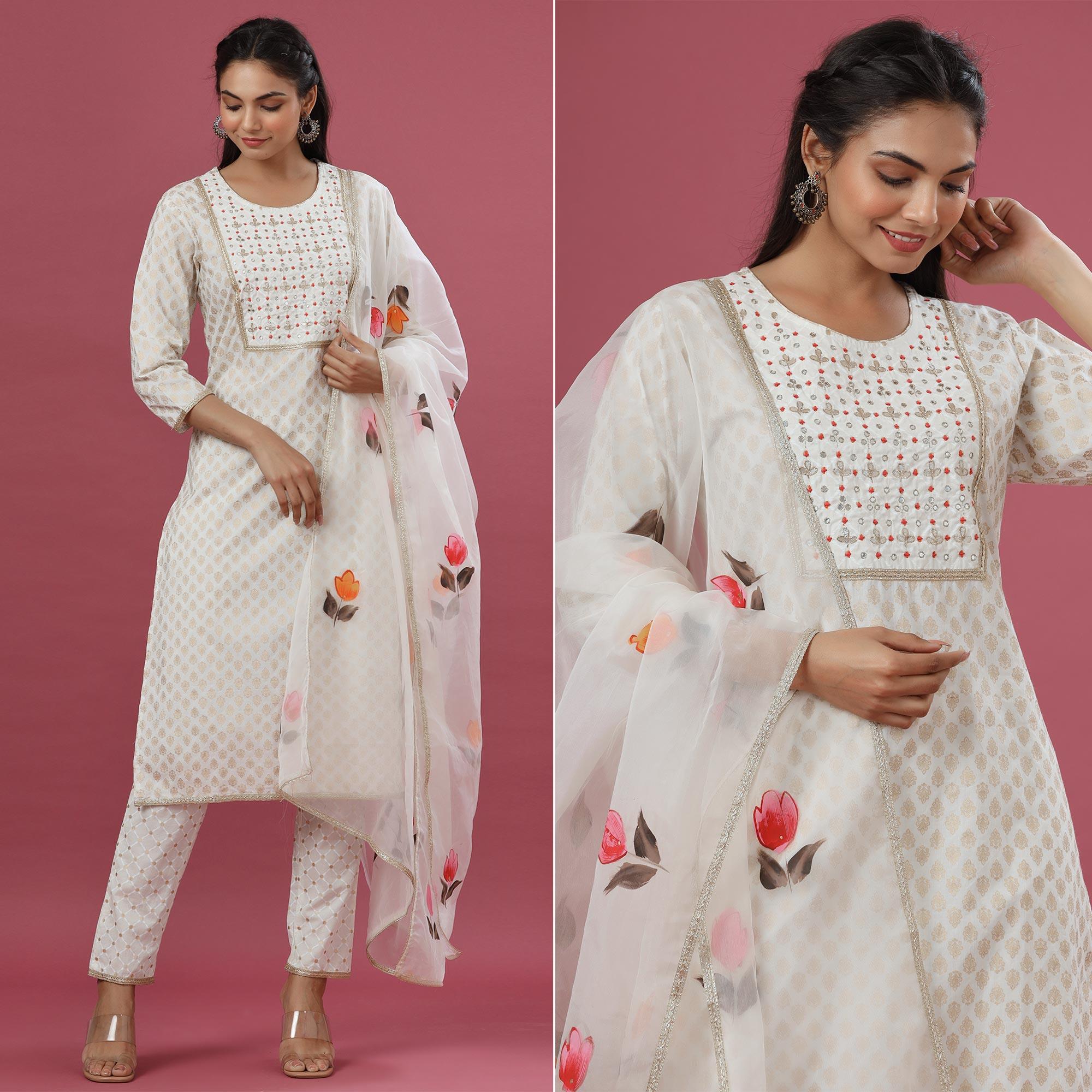 White Printed Pure Cotton Kurti Pant Set With Dupatta - Peachmode