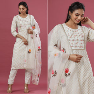 White Printed Pure Cotton Kurti Pant Set With Dupatta - Peachmode