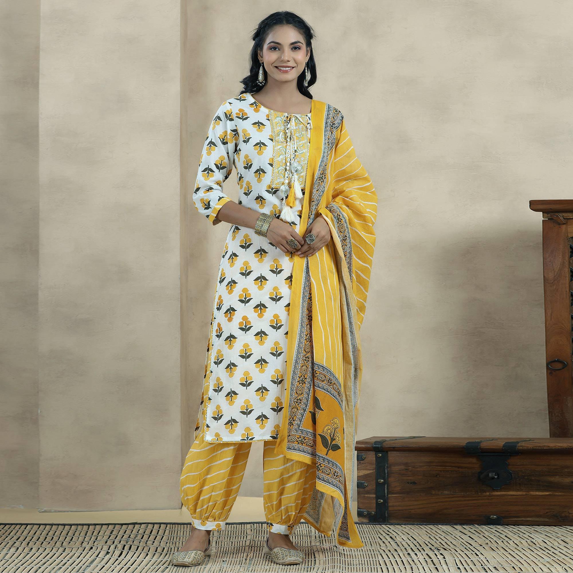 White Printed Pure Cotton Kurti Pant Set With Dupatta - Peachmode