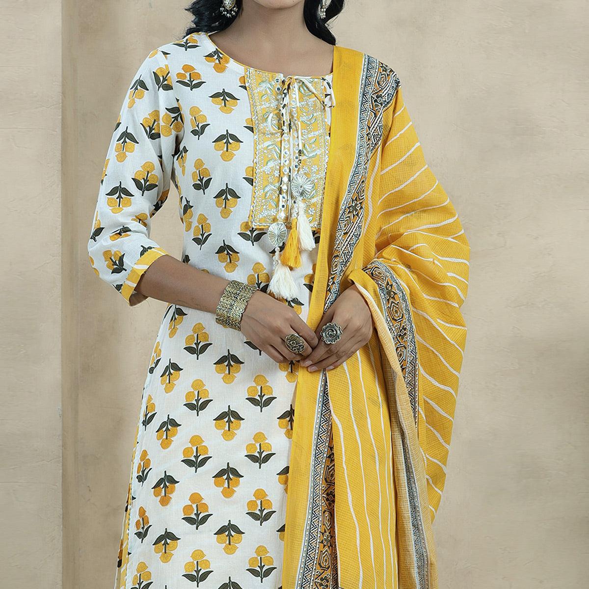 White Printed Pure Cotton Kurti Pant Set With Dupatta - Peachmode