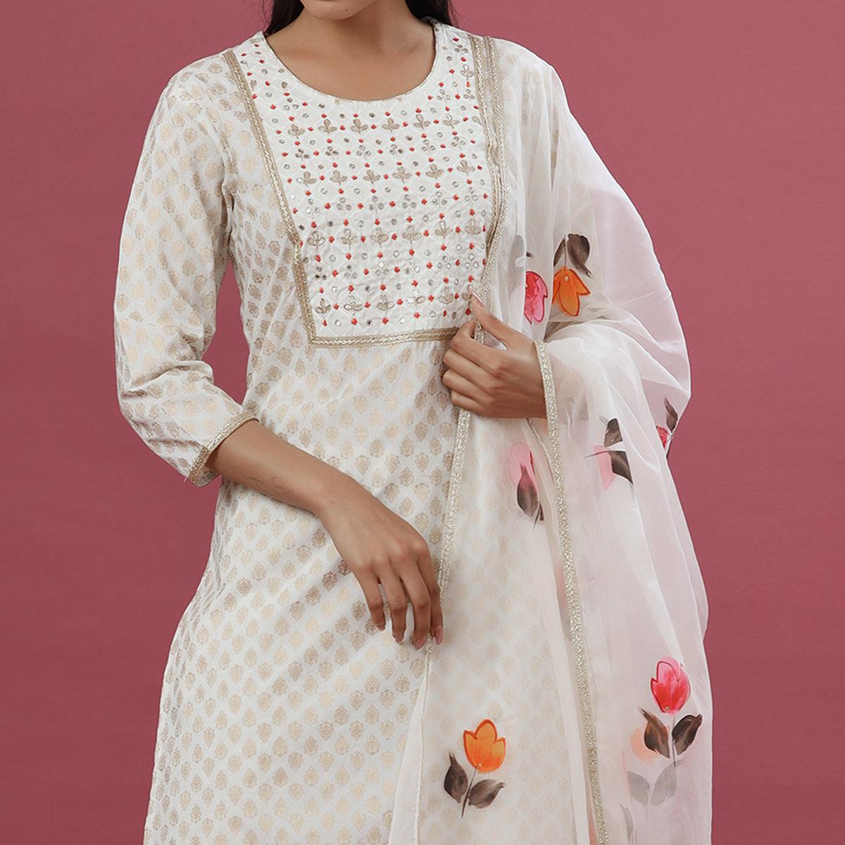 White Printed Pure Cotton Kurti Pant Set With Dupatta - Peachmode