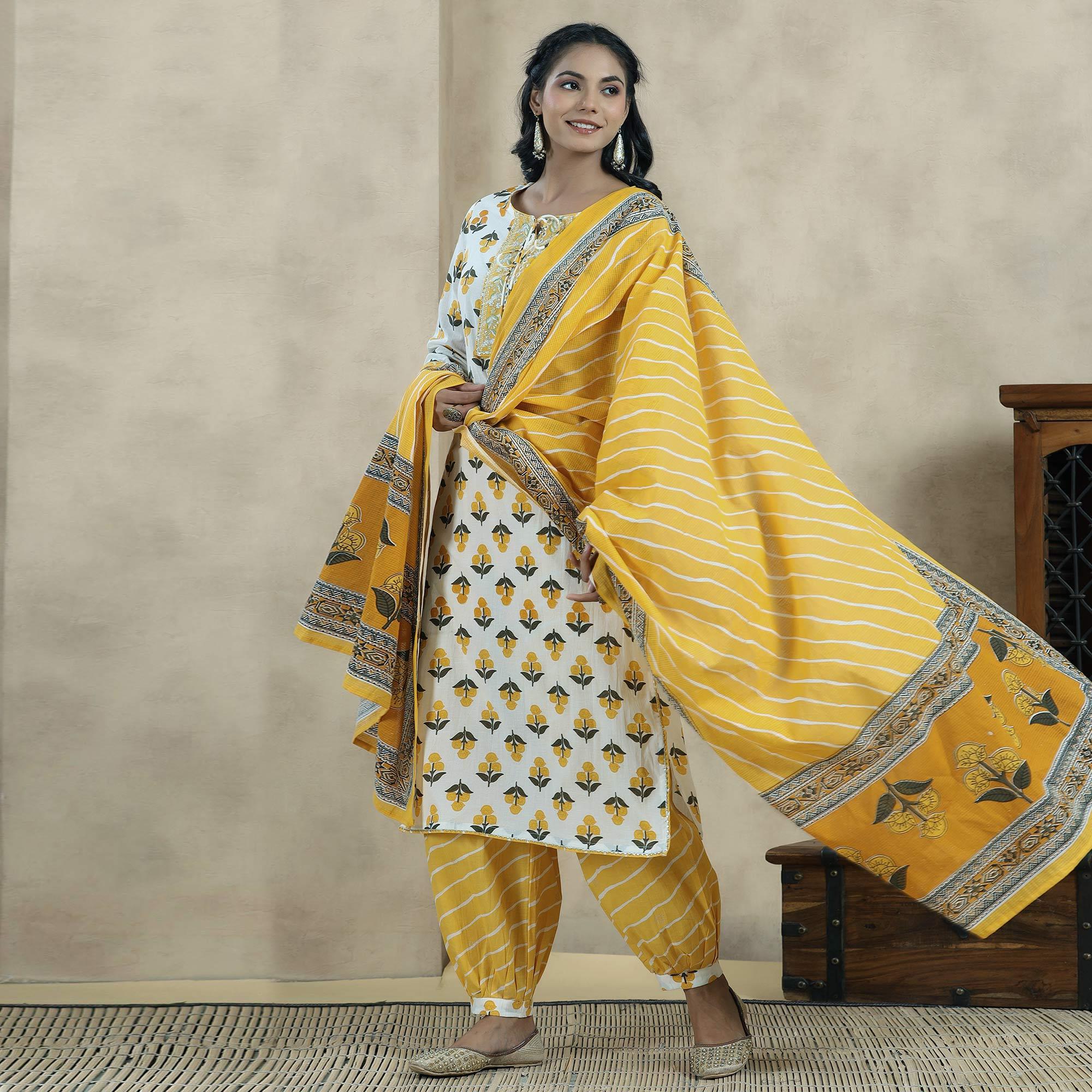 White Printed Pure Cotton Kurti Pant Set With Dupatta - Peachmode