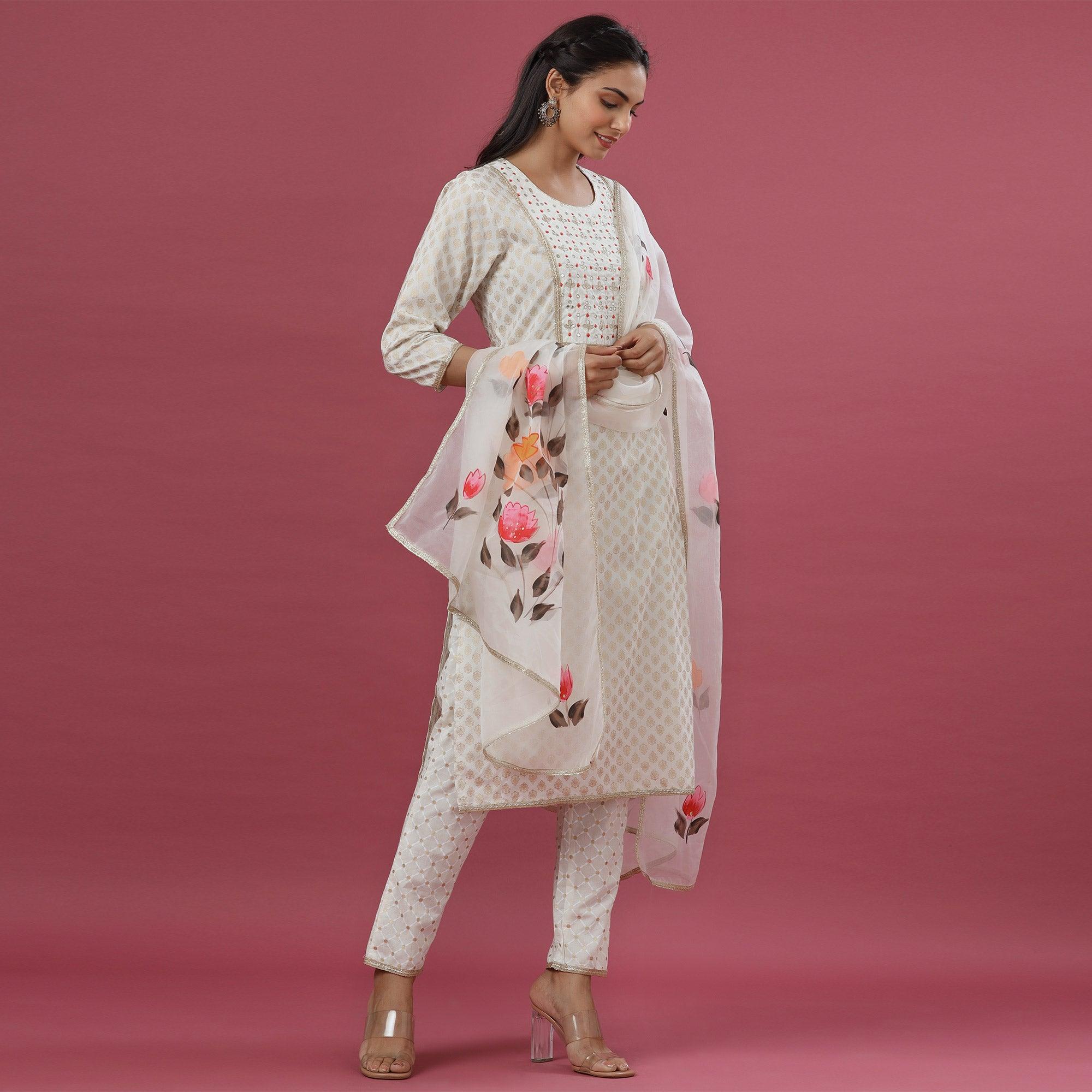 White Printed Pure Cotton Kurti Pant Set With Dupatta - Peachmode