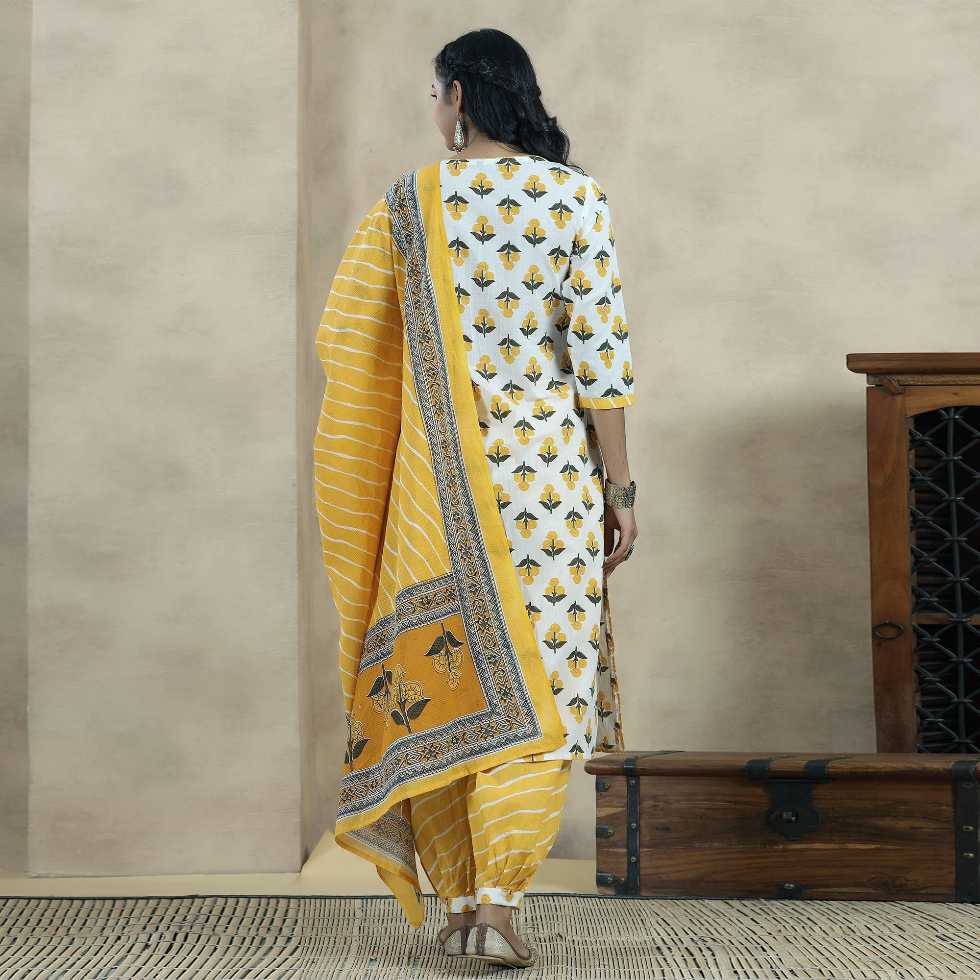 White Printed Pure Cotton Kurti Pant Set With Dupatta - Peachmode