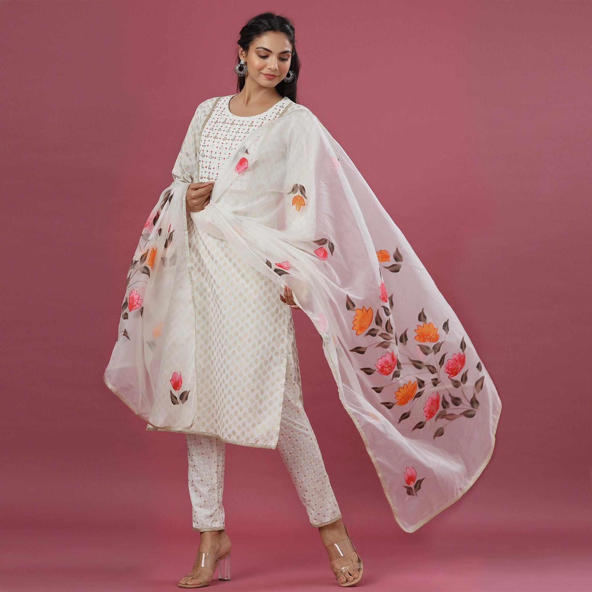 White Printed Pure Cotton Kurti Pant Set With Dupatta - Peachmode