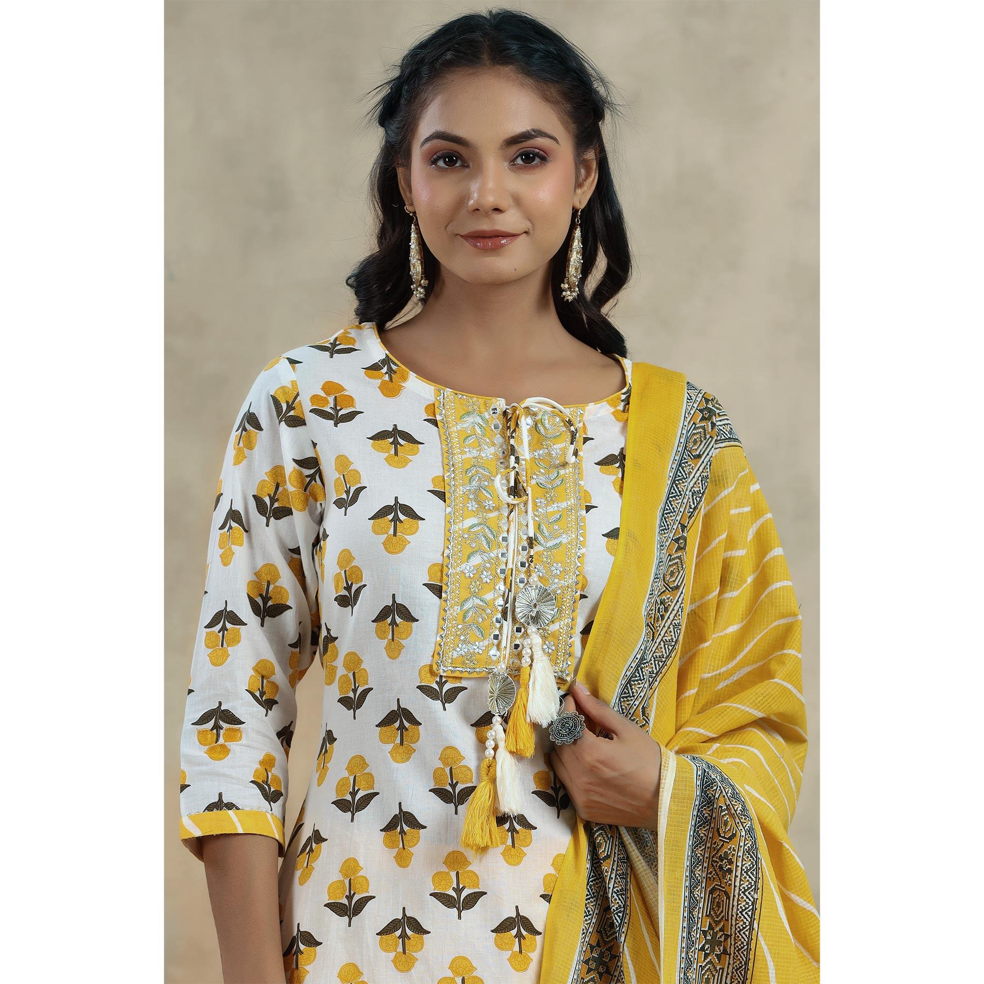 White Printed Pure Cotton Kurti Pant Set With Dupatta - Peachmode