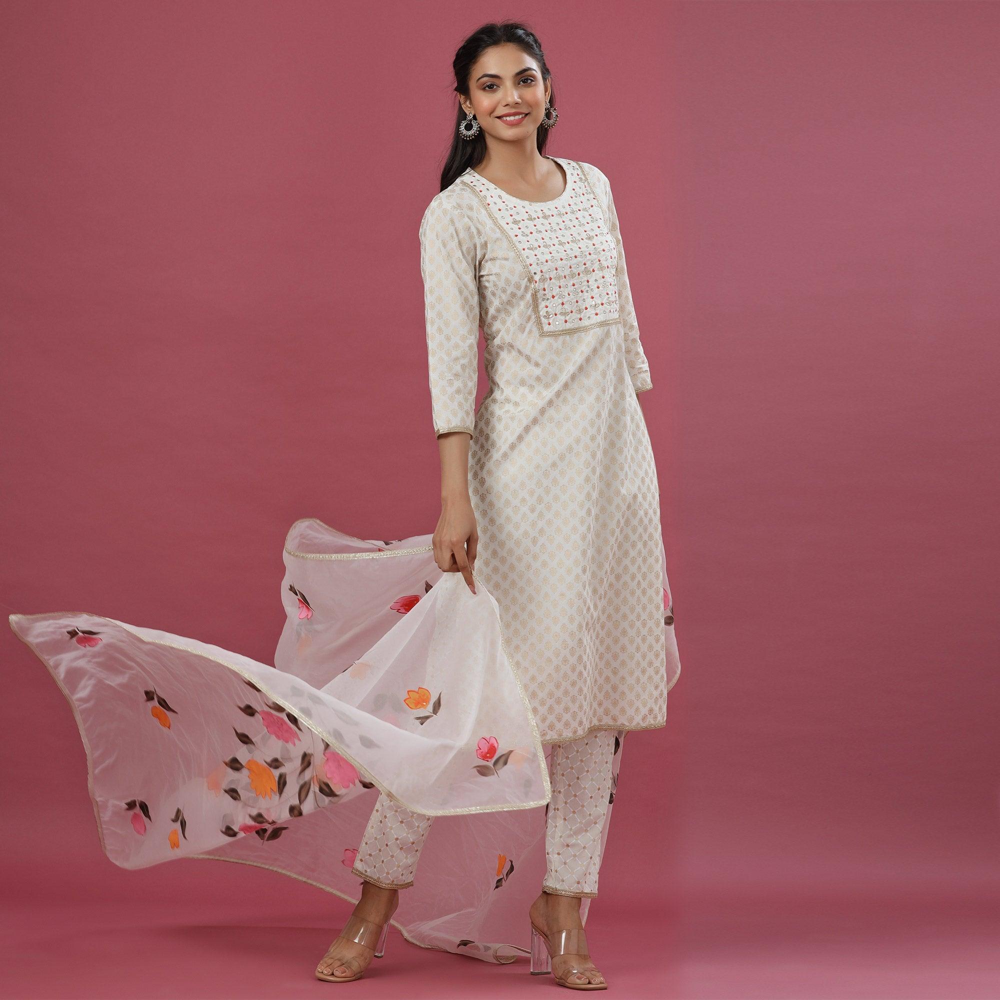 White Printed Pure Cotton Kurti Pant Set With Dupatta - Peachmode