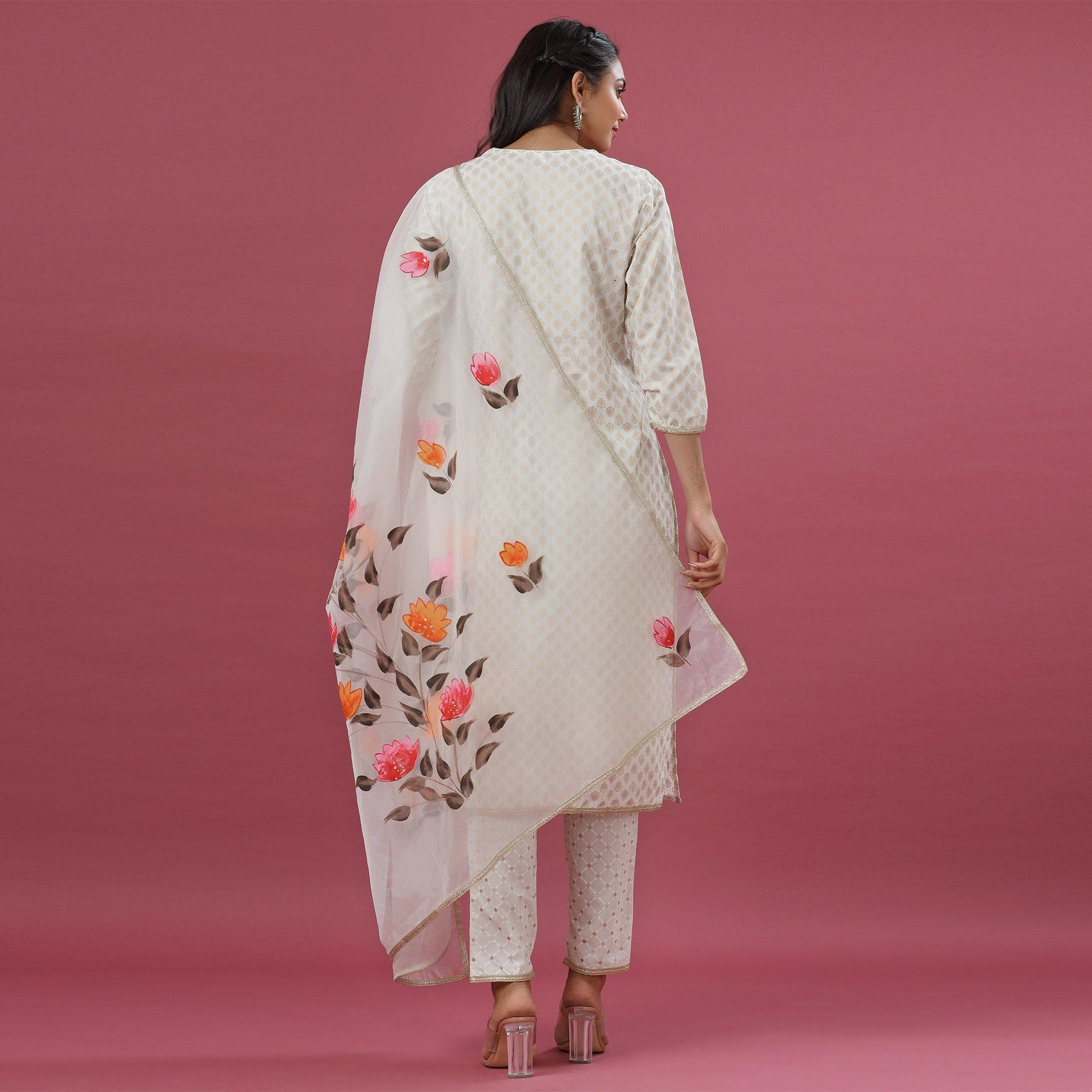 White Printed Pure Cotton Kurti Pant Set With Dupatta - Peachmode