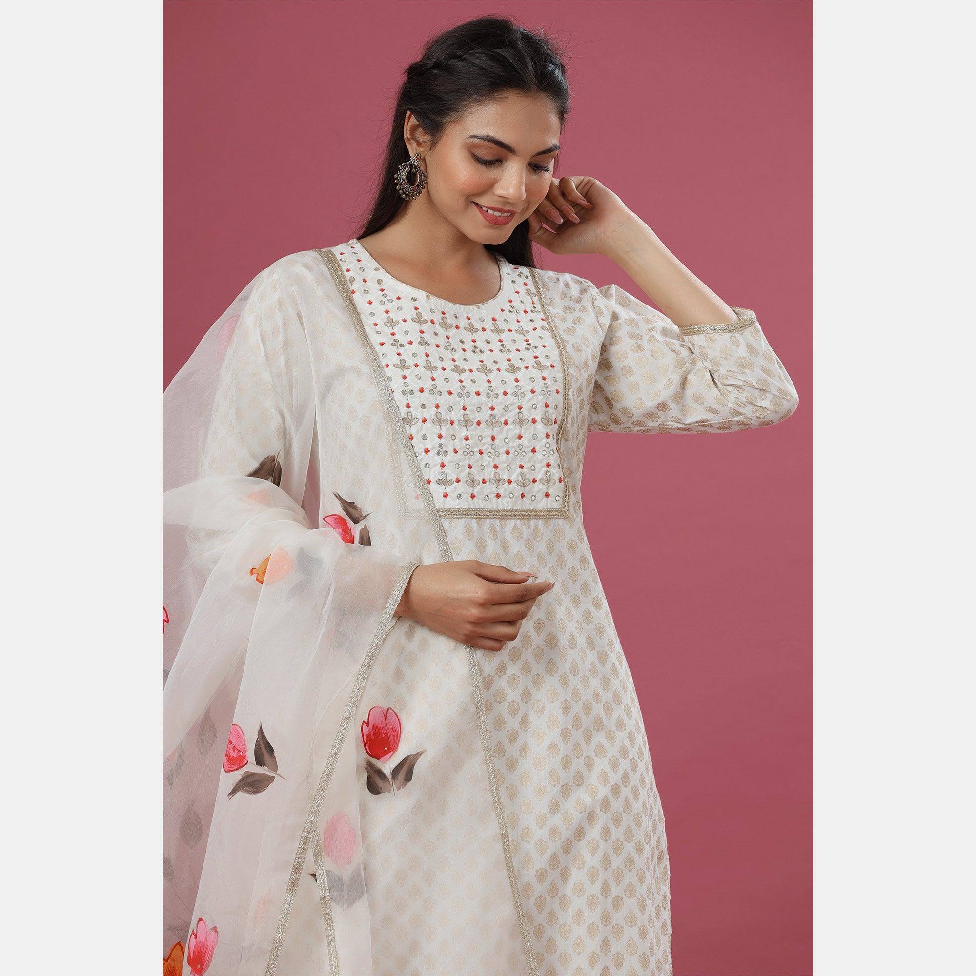 White Printed Pure Cotton Kurti Pant Set With Dupatta - Peachmode