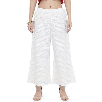White Printed Pure Cotton Palazzo - Peachmode