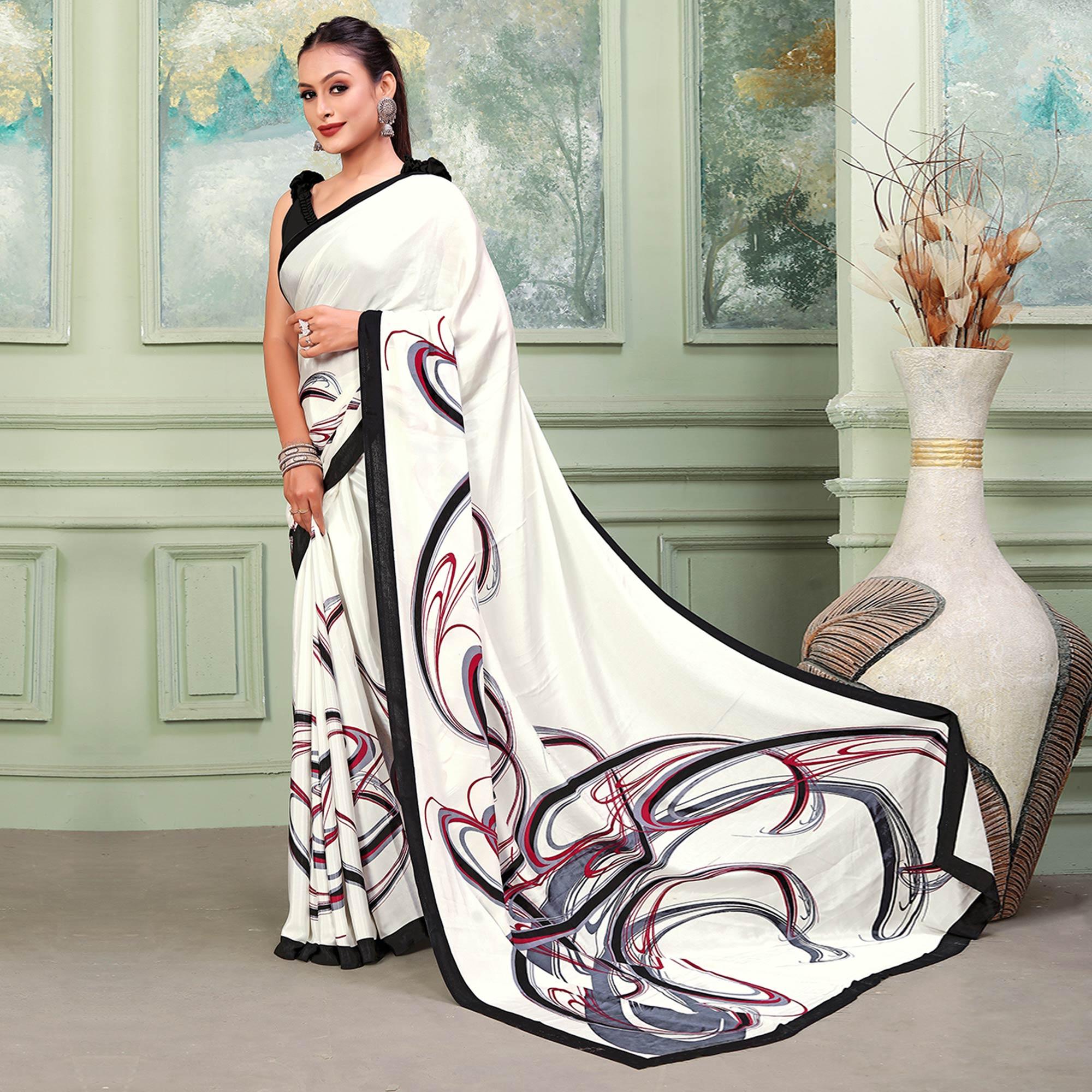 White Printed Raw Silk Saree - Peachmode
