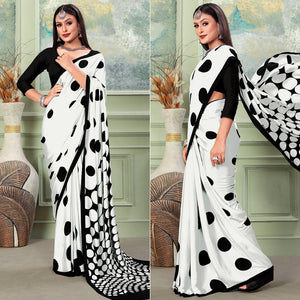 White Printed Raw Silk Saree - Peachmode