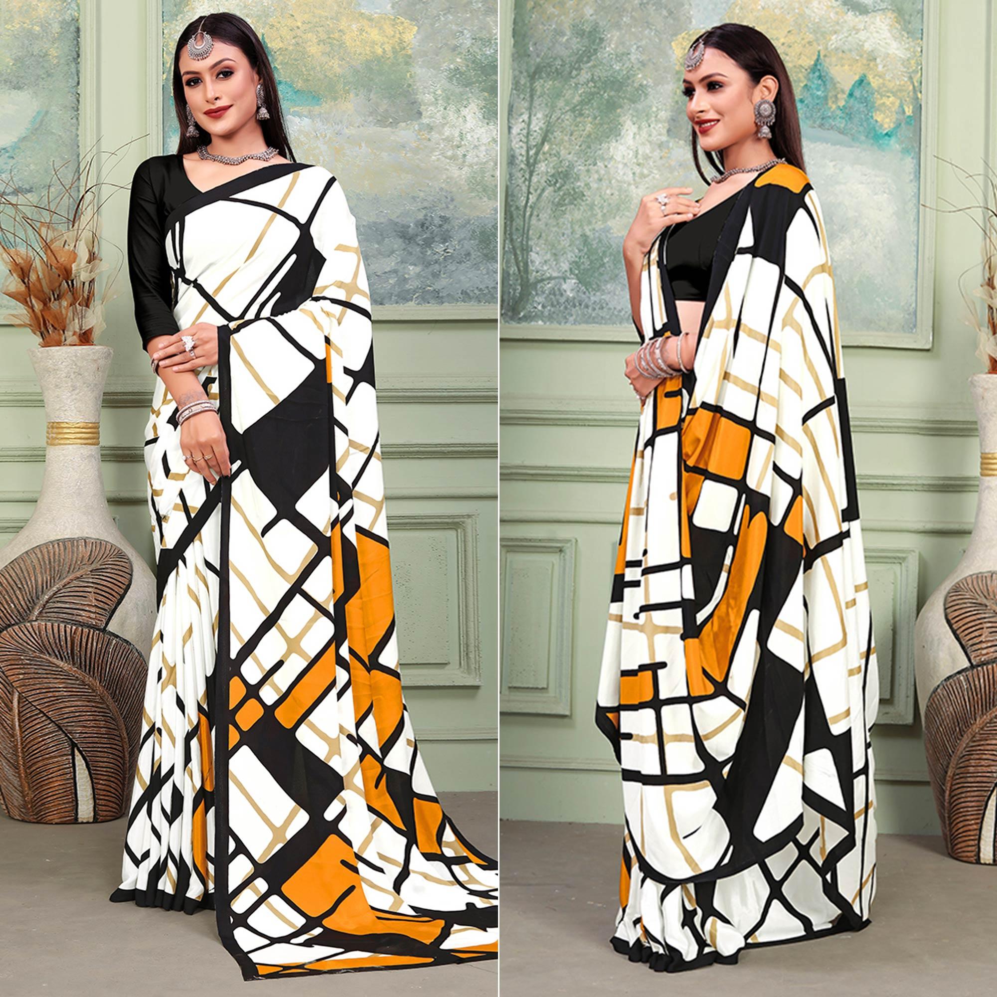 White Printed Raw Silk Saree - Peachmode