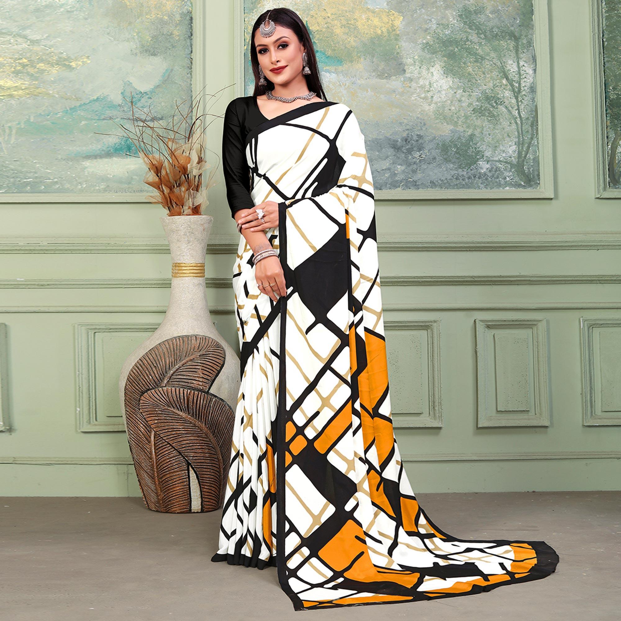 White Printed Raw Silk Saree - Peachmode
