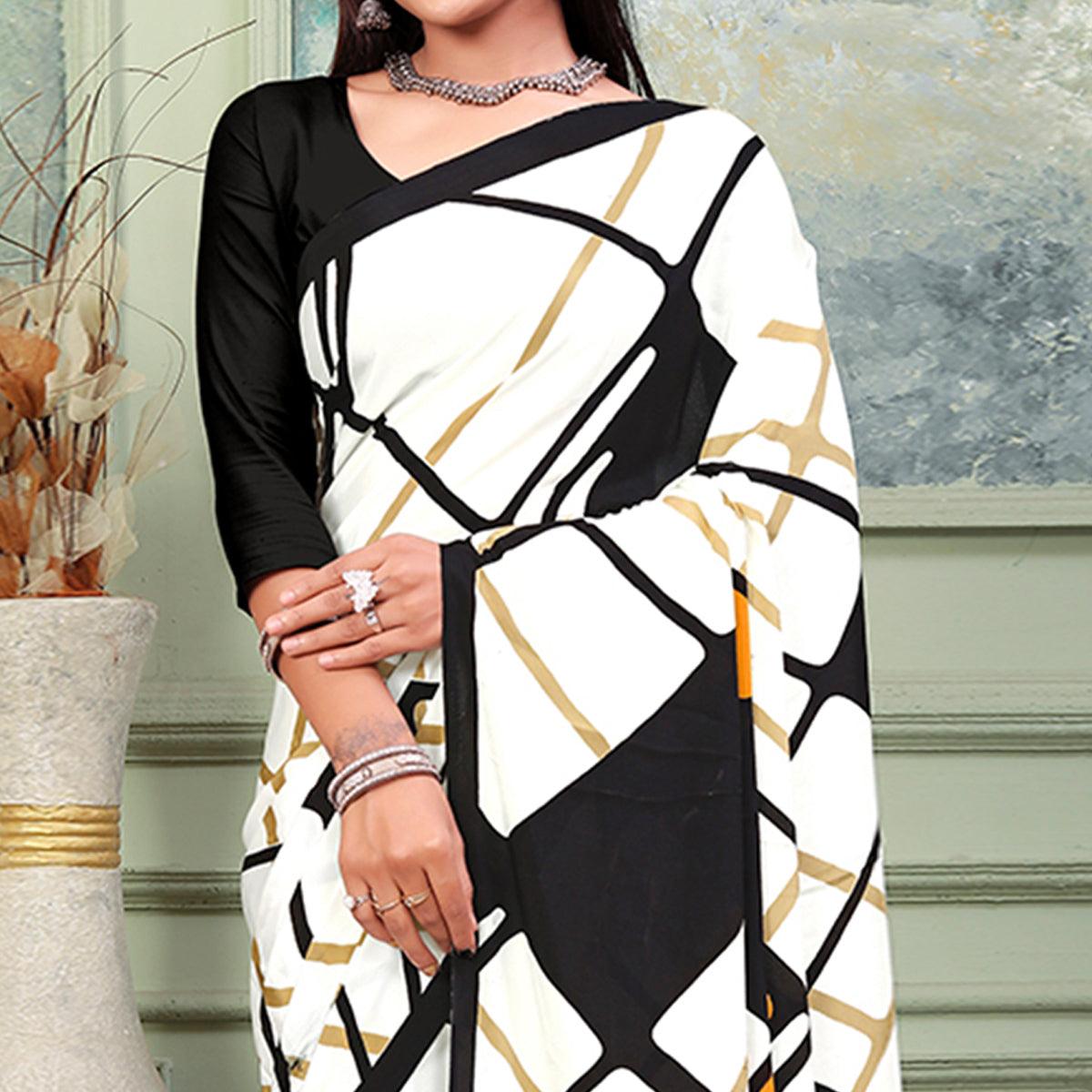 White Printed Raw Silk Saree - Peachmode