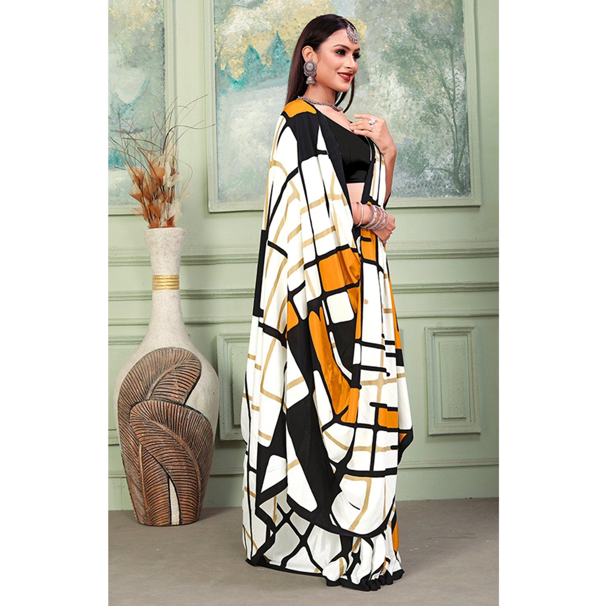 White Printed Raw Silk Saree - Peachmode