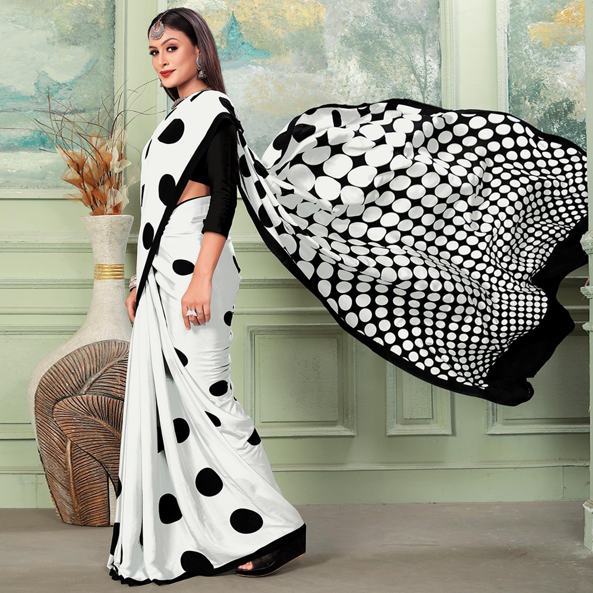 White Printed Raw Silk Saree - Peachmode