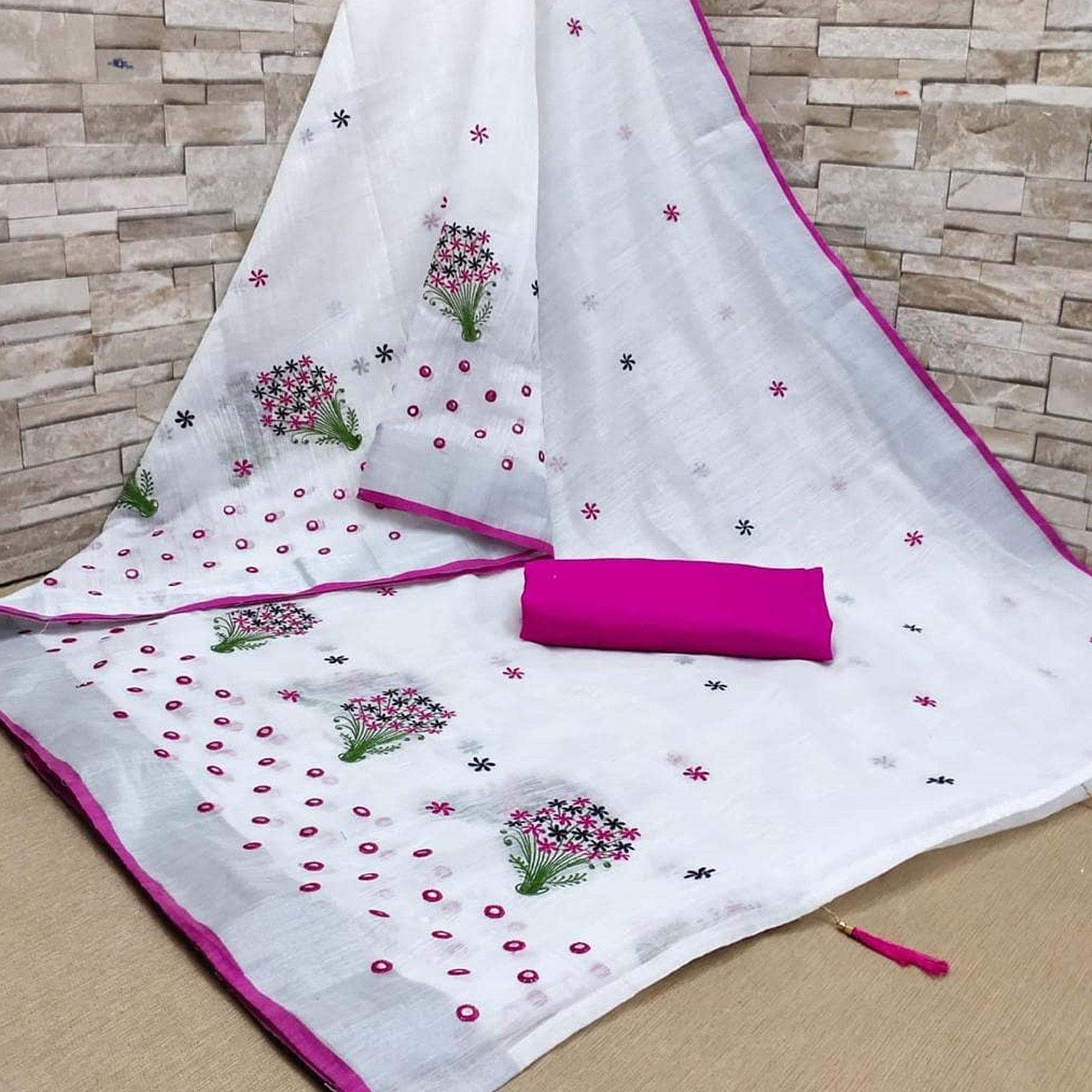 White - Purple Casual Wear Floral Embroidered Linen Saree - Peachmode