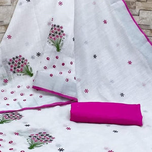 White - Purple Casual Wear Floral Embroidered Linen Saree - Peachmode
