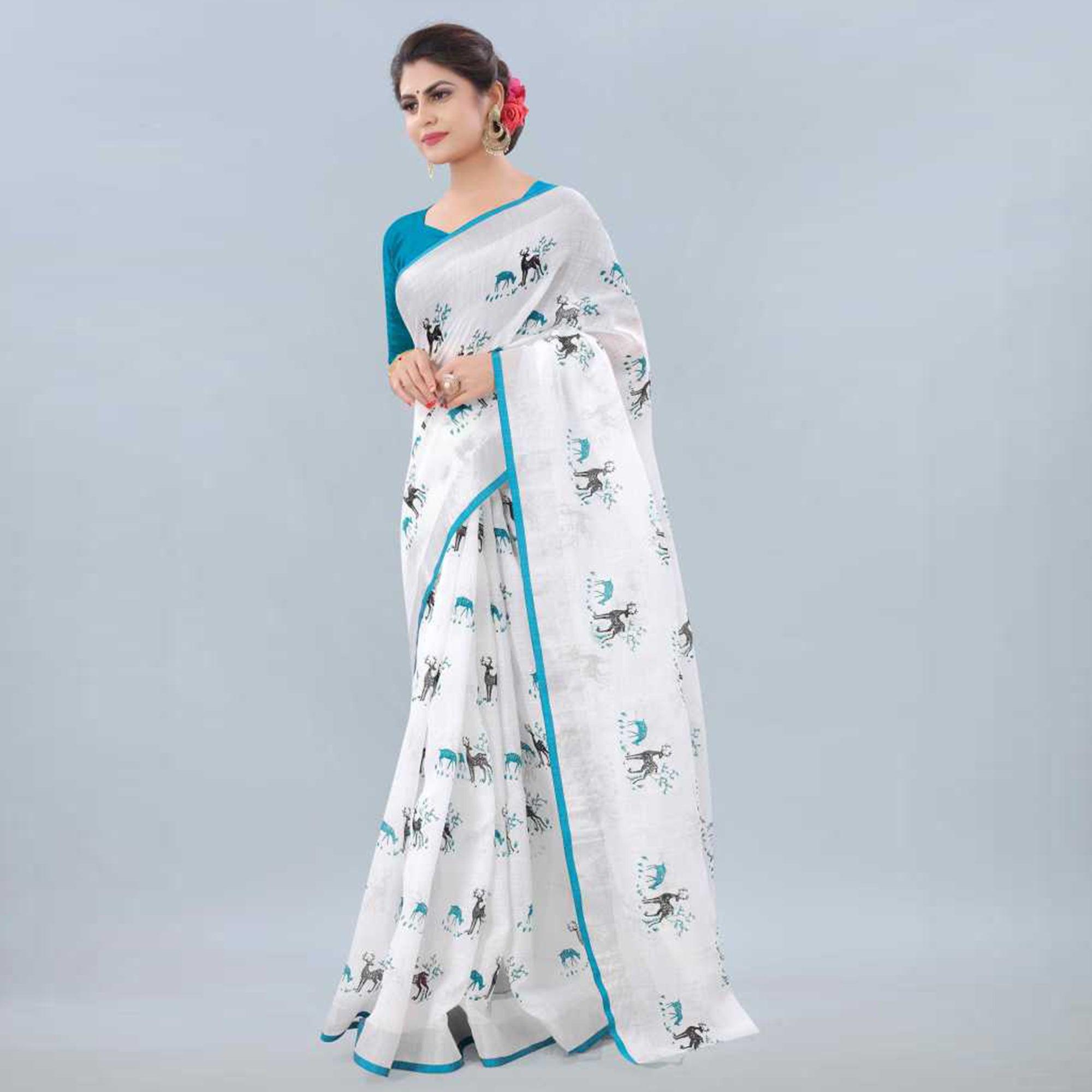 White-Rama Casual Wear Digital Printed Linen Saree - Peachmode