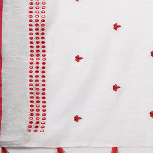 White - Red Casual Wear Embroidered Linen Saree With Tassels - Peachmode