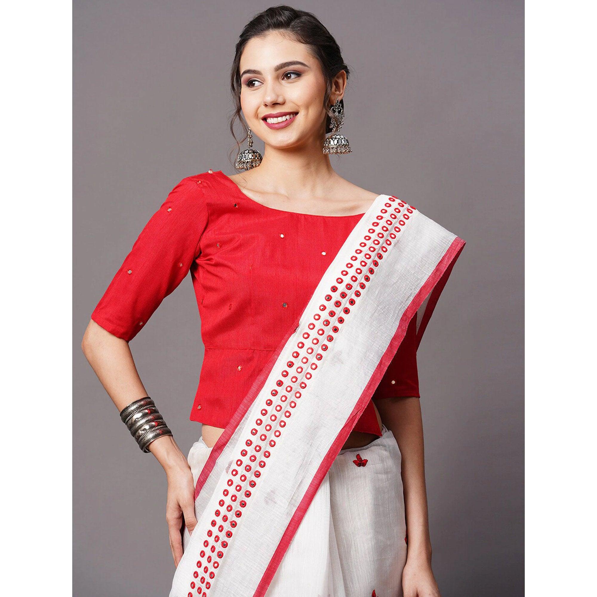 White - Red Casual Wear Embroidered Linen Saree With Tassels - Peachmode